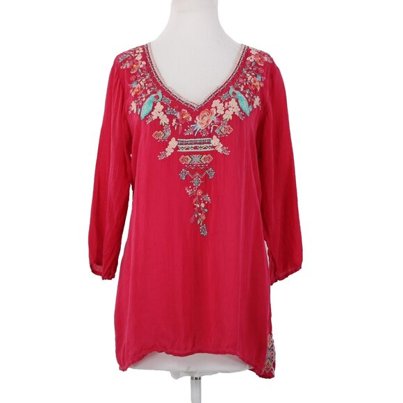 Johnny Was Top Sz L Pink Multicolor Embroidered 3/4 Slv Rayon Polyester Boho Top - Picture 1 of 12